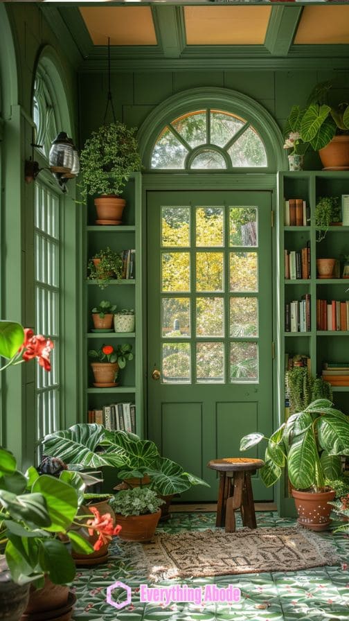 sunroom adorned with plants in pots.