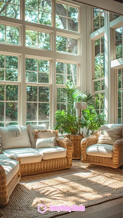 A sunroom that has large windows, allowing natural light in.