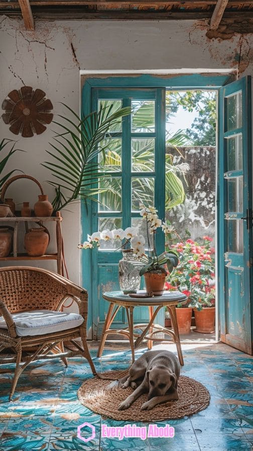 The sunroom was decorated using seasonal objects.