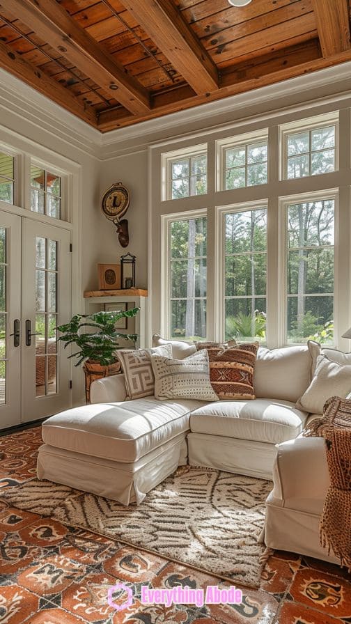 The sunroom was decorated using seasonal objects.