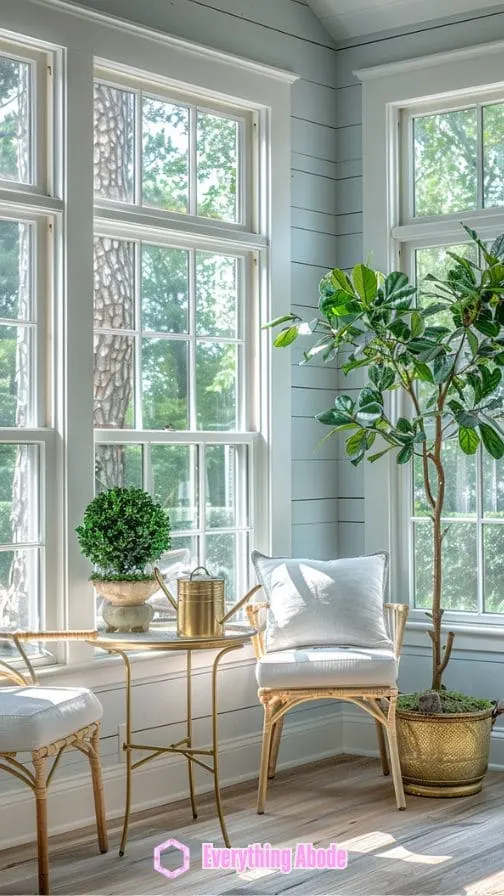 Sunroom with light-colored furniture and walls.