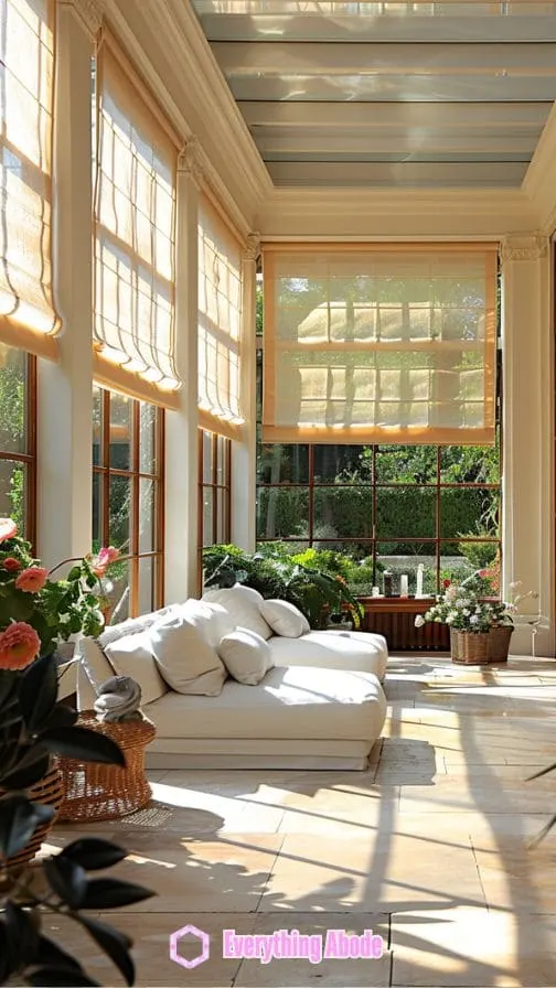 Sunroom with adjustable blinds.