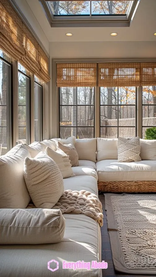 Sunroom with adjustable blinds.