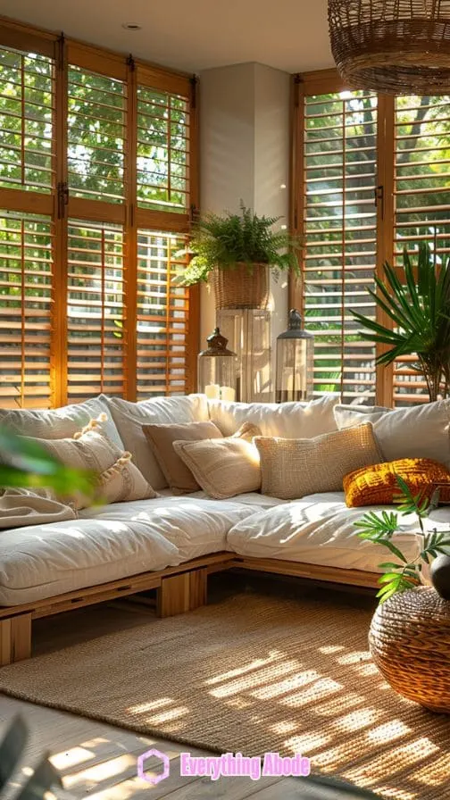 Sunroom with adjustable blinds.