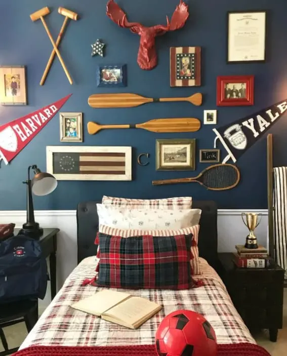 Sport and academic themed bedroom with vintage decor