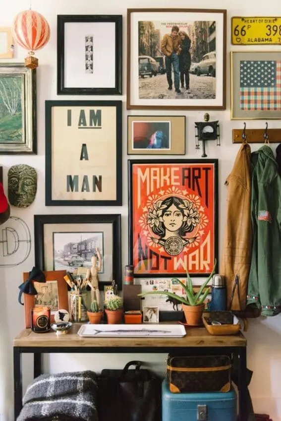 Eclectic home office gallery wall