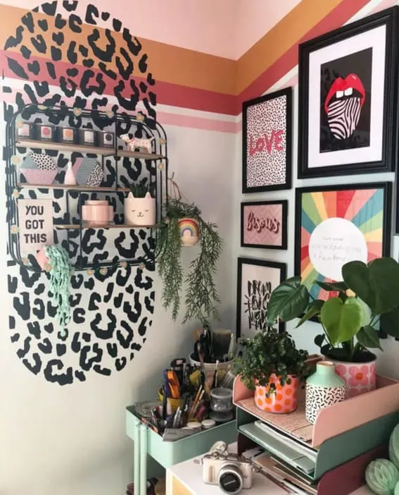 Vibrant and eclectic workspace with leopard print and colorful accents