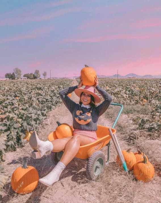 Woman in a playful fall pumpkin patch outfit with a graphic sweater and wide-brim hat. 