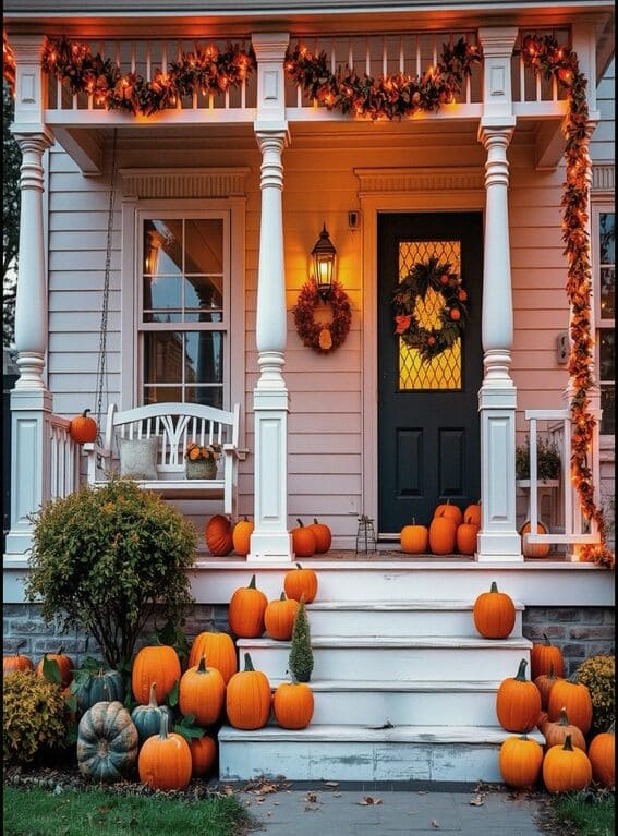 A charming front porch adorned with a glowing garland of hanging autumn leaves and festive pumpkins, setting a cozy fall atmosphere. 