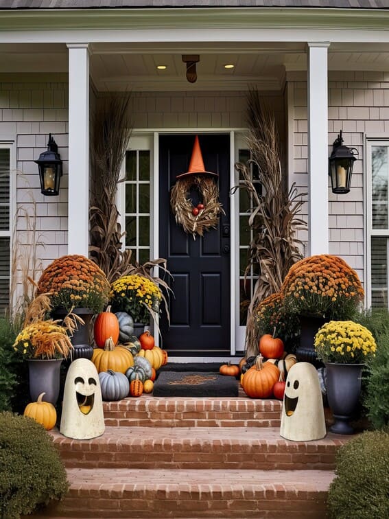 This porch radiates joy and harvest warmth with vibrant yellow and orange mums flanking the entry while two grinning ghost figurines welcome visitors with playful energy. 