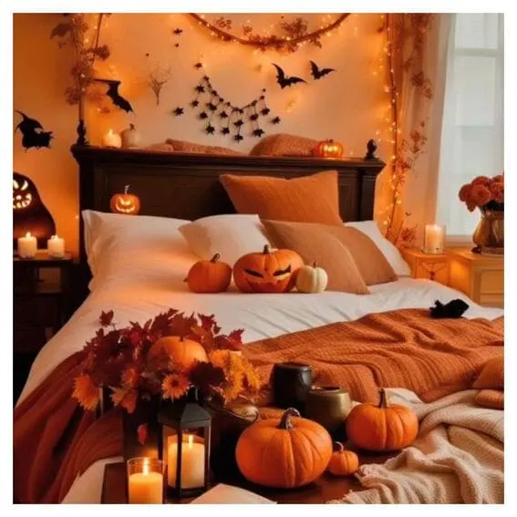 A warm, inviting bedroom decorated with pumpkins, candles, and soft autumnal tones creates a perfect Halloween-inspired retreat.