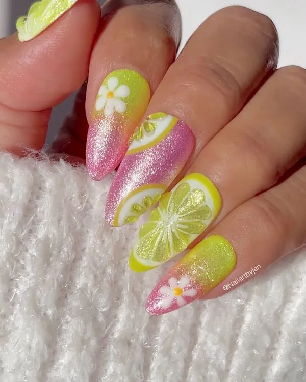 spring nails with citrus slices and glittery pink