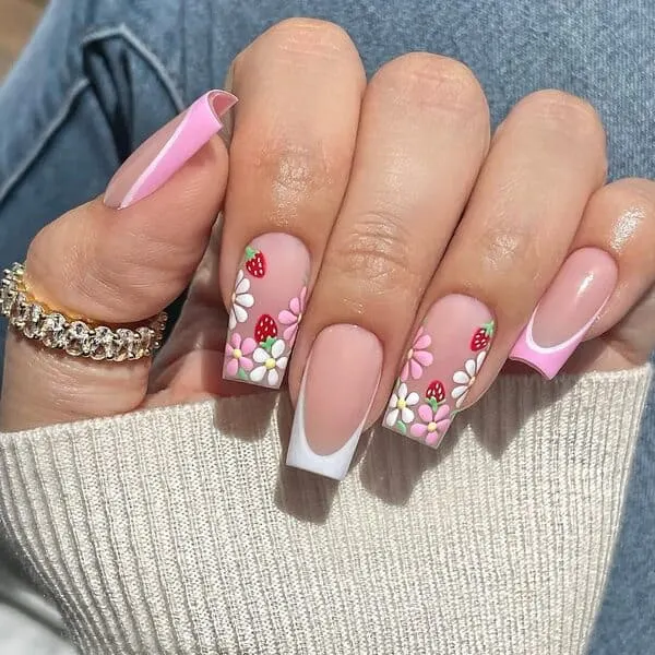 spring nails with strawberries and daisies