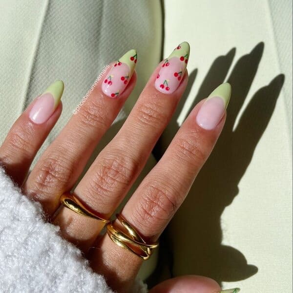 spring nails with cherries on green tips