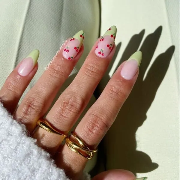 spring nails with cherries on green tips