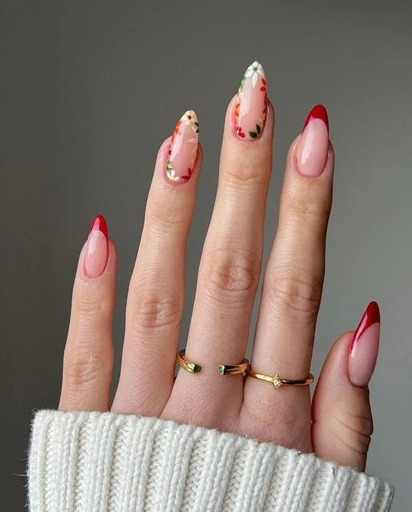 spring nails with red tips and flowers